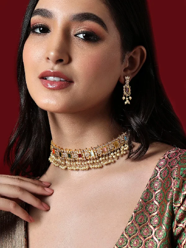 Celebrate Every Occasion With Sparkling Savings Rubans Gold Plated Choker Set With Multicolour Stones And White Beads.