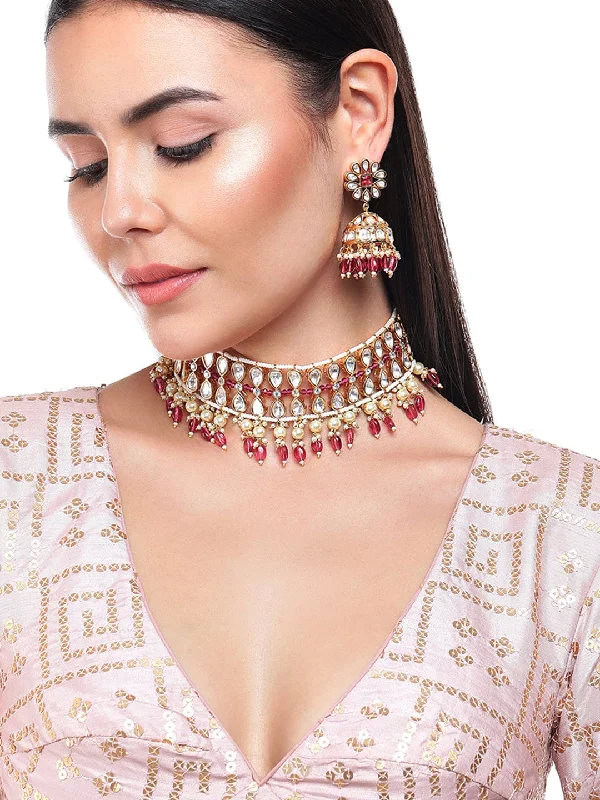 Make Your Outfit Shine With Discounted Jewelry Rubans Gold Plated Kundan Choker Set With Red Beads And Pearls