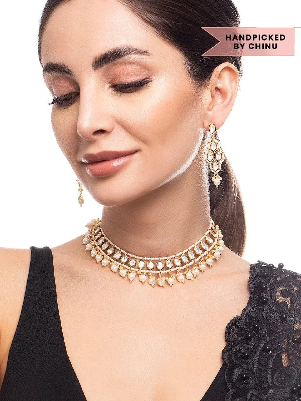 Luxury Jewelry Sale – Sparkle For Less Rubans Gold Plated Kundan Necklace Set With White Beads And Pearls