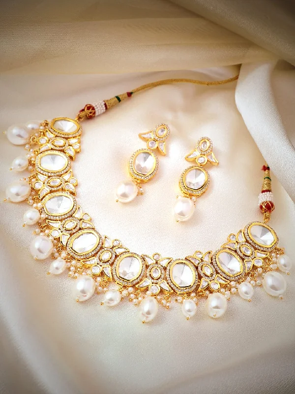 Discounted Jewelry For A Glamorous Look Rubans Gold Plated Polki Necklace Set with Pearl