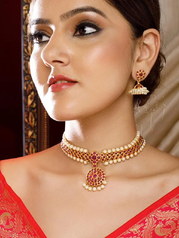 Eco-Friendly Sustainable Jewelry For Conscious Buyers Rubans Gold-Plated Ruby & Pearl Studded Choker Set