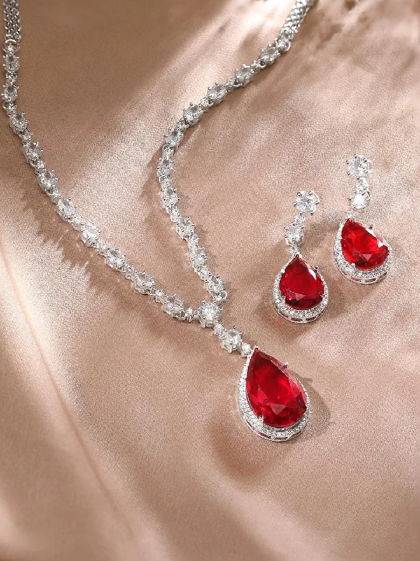 Beautiful Jewelry, Breathtaking Discounts – Hurry In Rubans High Rhodium Finish, Premium White & Red Zircons Studded Party Wear Jewellery Set.