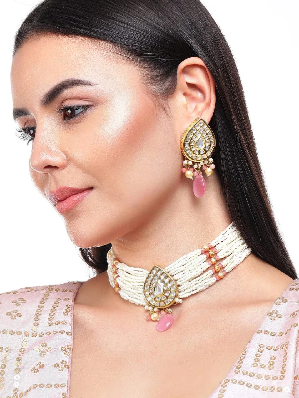 The Ultimate Jewelry Sale – Exclusive Styles At Great Prices Rubans Luxury Gold Plated Kundan Choker Set With Pastel Pink Beads.