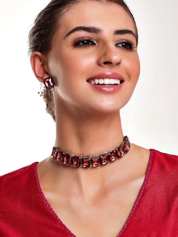 Bohemian-Inspired Jewelry For Free-Spirited Fashion Rubans Black & Maroon Stone Studded Jewellery Set