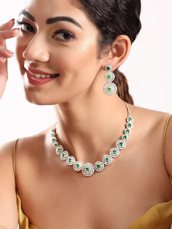 Jewelry Sale Alert – Shop Timeless Elegance Today Rubans Rhodium Plated Emerald Green Zircons Studded Jewellery Set