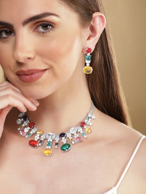 Shop Dazzling Jewelry At The Best Prices Rubans Rhodium Plated Multicolour Premium Zirconia Necklace Set