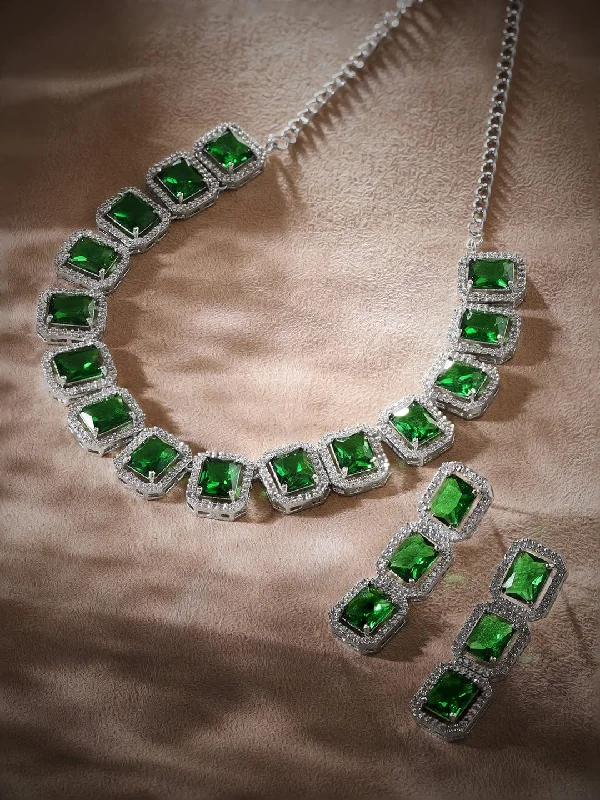 Timeless Elegance At Unbelievable Discounts Rubans Rhodium Plated Premium White & Emerald Solitaire Zircons Necklace Set