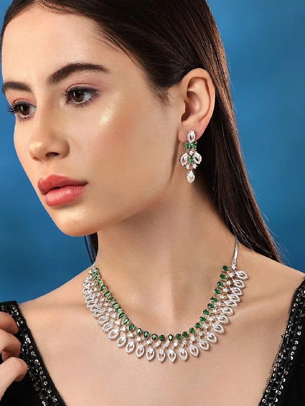 Sparkle For Less – Shop Our Limited-Time Jewelry Deals Rubans Rhodium-Plated Premium White & Green Zircons Studded Party Wear Statement Jewellery Set