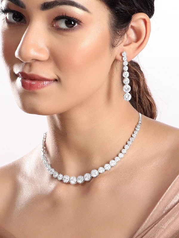 Get Your Favorite Jewelry At The Best Price Rubans Rhodium Plated Premium White Zircons Necklace Set.