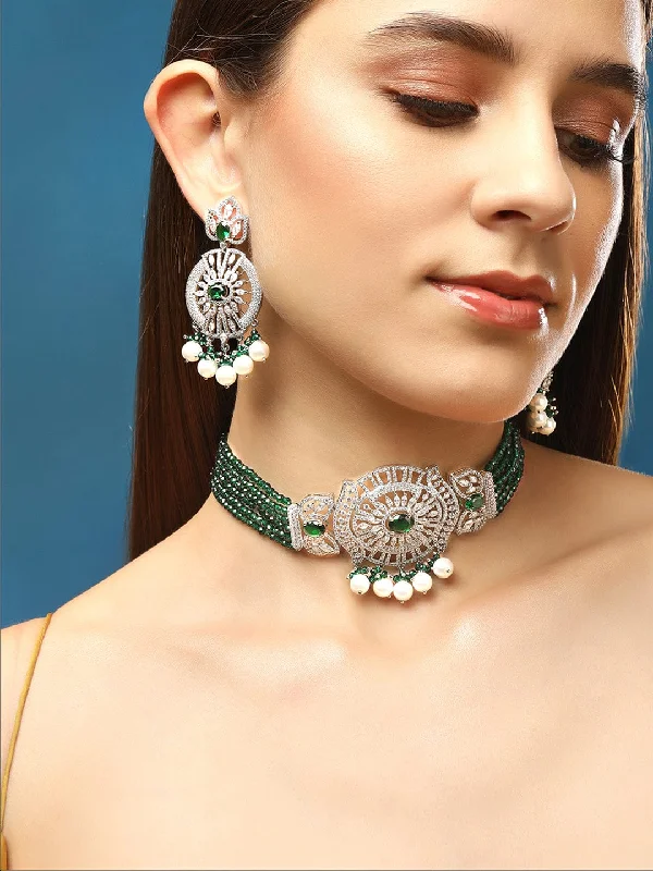 Trendy Minimalist Jewelry For Everyday Wear Rubans Rhodium-Plated White & Green Zircons Stones Necklace & Earring Set.