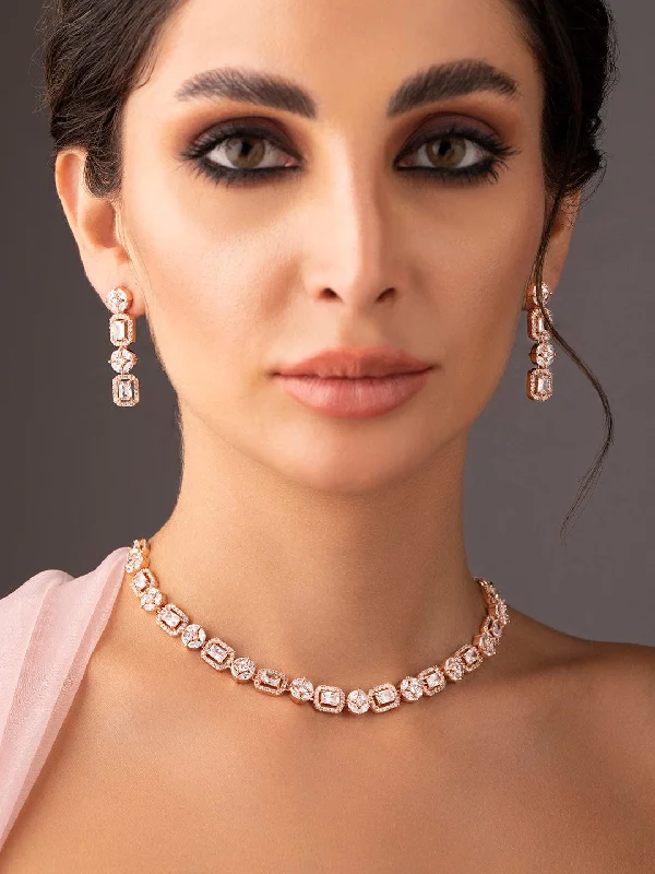 Timeless Elegance At Unbelievable Discounts Rubans Rose Gold Plated Necklace Set With Studded American Diamonds