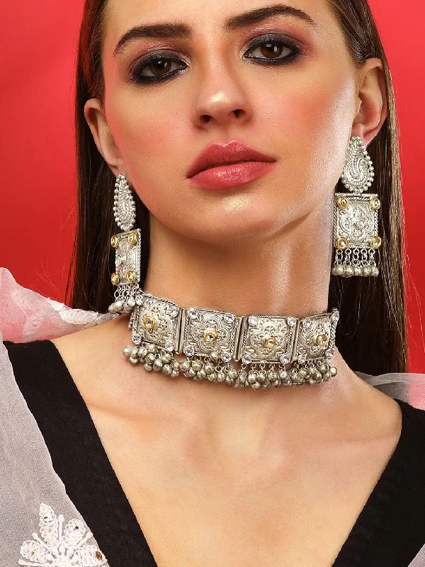 Shop Dazzling Jewelry At The Best Prices Rubans Silver Oxidised Choker Set  With Floral Design Carved.