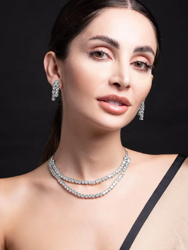 Premium Jewelry At Promotional Prices – Shine Today Rubans Silver Plated Layered Necklace Set With Studded American Diamonds