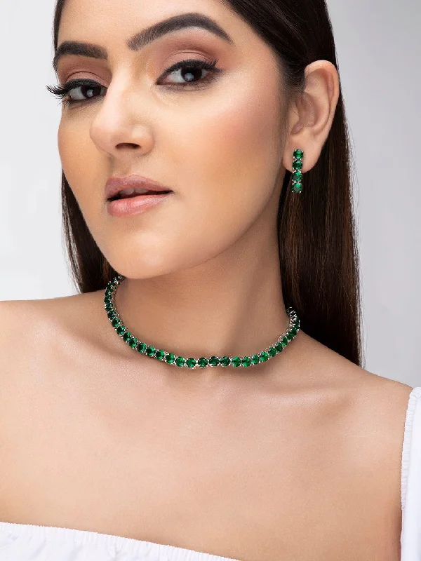 Special Jewelry Deals – Upgrade Your Collection Rubans Silver Plated Necklace Set With Studded Dark Green AD's