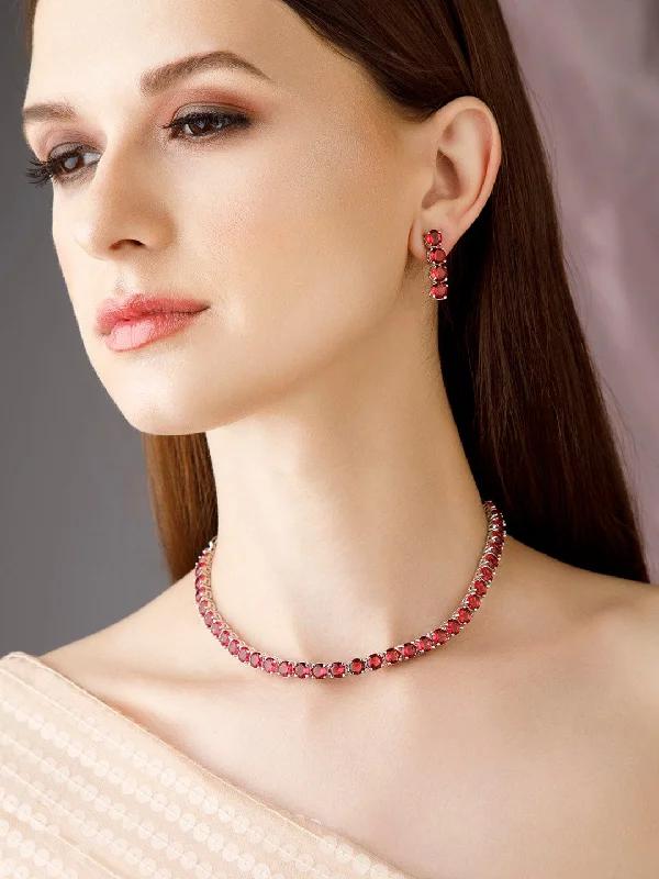 Timeless Jewelry At Special Discount Rates Rubans Silver Plated Long Necklace Set With Studded Pink Stones