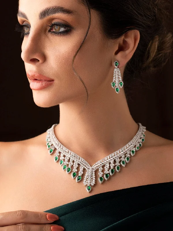 Fine Jewelry, Limited-Time Offers Available Rubans Silver Plated Necklace Set With Studded American Diamonds And Green Stones.